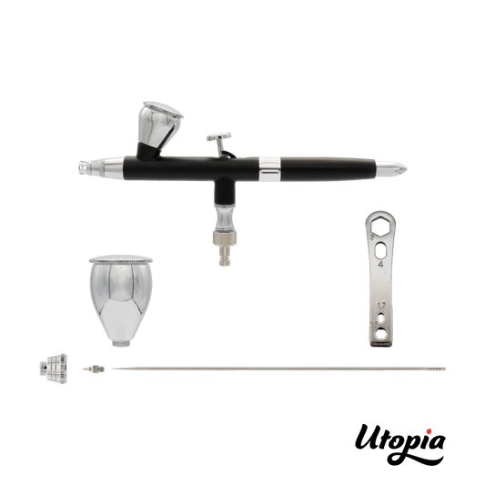 Aérographe Utopia F03 2 Têtes, 2 Godets, Tuyau en coffret bois