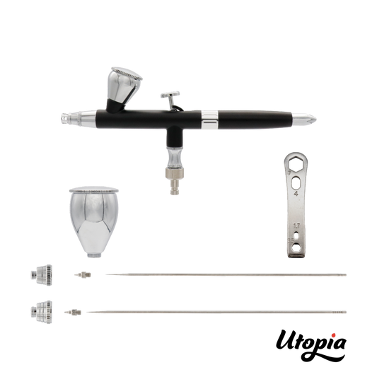 Aérographe Utopia F03 3 Têtes, 2 Godets, Tuyau en coffret bois