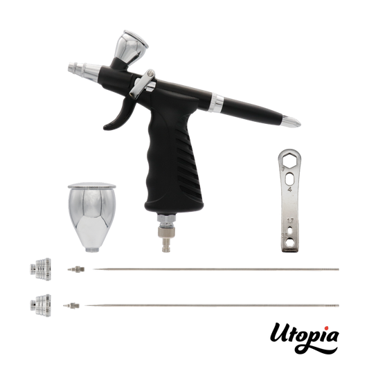 Aérographe Utopia GC357 à gâchette 3 Têtes, 2 Godets et 1 Tuyau tressé en coffret bois